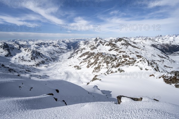 View from the summit of Piz Grialetsch in winter, mountain panorama with Dürrboden valley and view of Blessur Alps, Grisons Haute Route, Albula Alps, Rhaetian Alps, Grisons, Switzerland, Europe