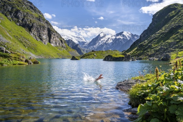 Woman taking a dip, cooling off in the mountain lake Lac de Louvie, behind the summit of the Grand Combin, Val de Bagnes, Valais, Switzerland, Europe