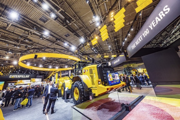 BAUMA Munich, 34th World's Leading Trade Fair for Construction Machinery, Building Material Machines, Mining Machines, Construction Vehicles and Construction Equipment. BAUMA is the world's largest trade fair in terms of exhibition space. Exhibition stand of the US company Caterpillar. Munich, Bavaria, Germany, Europe