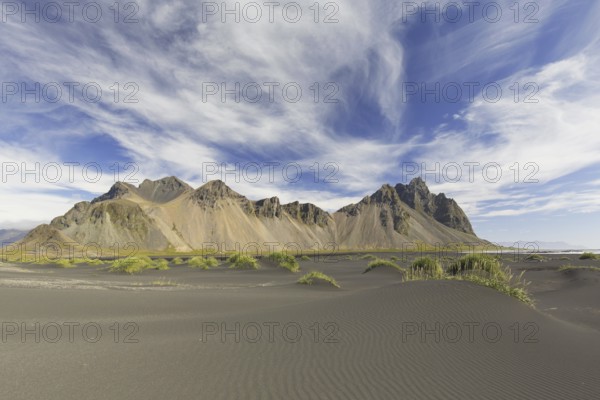 Vestrahorn, Vesturhorn, scree mountain made of gabbro and granophyre rocks, part of the Klifatindur mountain range at Stokksnes, Iceland, Europe