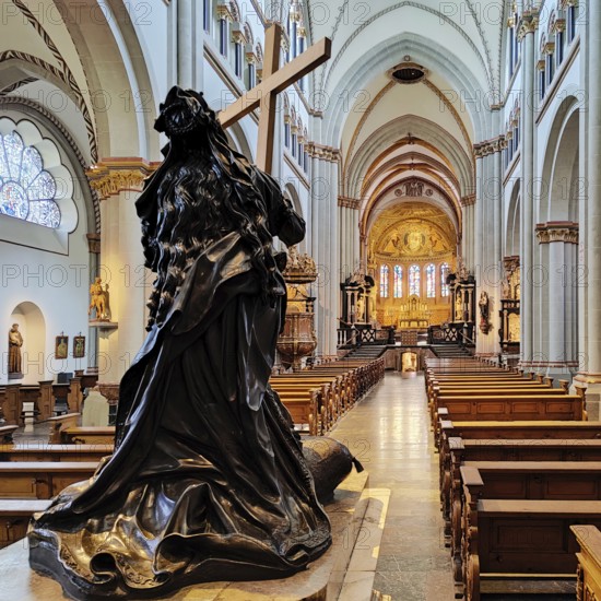 Interior view of Bonn Minster, bronze statue of St Helena with nave and view to the east apse, Bonn, North Rhine-Westphalia, Germany, Europe