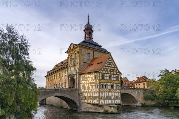 The Old Town Hall on the River Regnitz in the historic centre of Bamberg, Upper Franconia, Bavaria, Germany, Europe
