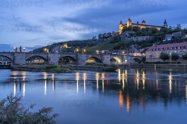 The Main, Old Main Bridge and Marienberg Fortress at dusk, Würzburg, Bavaria, Germany, Europe