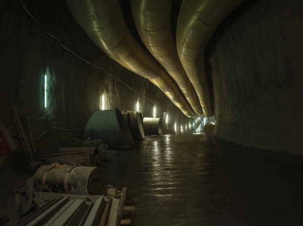 Ventilation hoses in construction lot H41 in the Sill Gorge, Brenner Base Tunnel, Tyrol, Austria, Europe