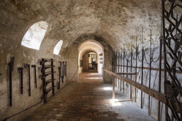 Tunnel with hand weapons in the historic Meersburg Castle, museum, sight, Lake Constance, Lake Constance district, Baden-Württemberg, Germany, Europe