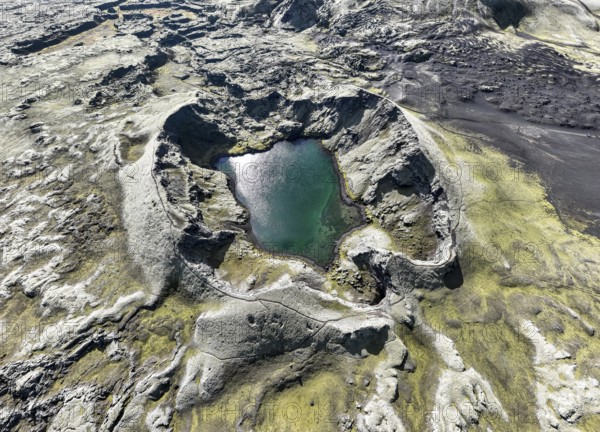Lake in Tjarnargigur crater, moss-covered Laki crater or Lakagígar, series of craters, aerial view, interior highlands of Iceland, Suðurland, Iceland, Europe