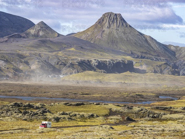 Skafta river and Uxatindar mountain range, camper van on road F206, Laki tourist road, Iceland, Europe