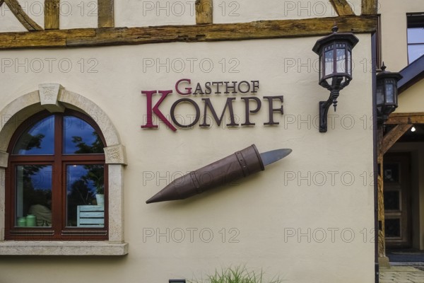 Gasthof Kompf, Swabian inn, restaurant, lettering, letters, facade, half-timbered house, tradition, replica of a Kompf, container for water to moisten the whetstone, outdoor light, lamp, Kusterdingen-Jettenburg, Baden-Württemberg, Germany, Europe