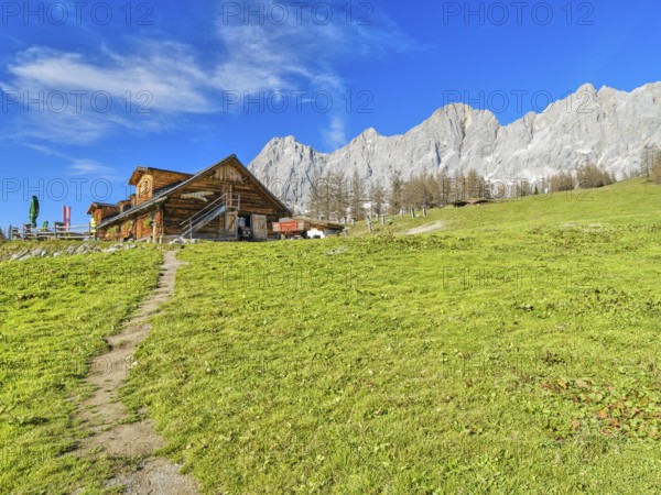 Walcheralm in front of Dachstein, alpine hut in autumn, Dachstein mountains, Dachstein south face, blue sky, Ramsau am Dachstein, Styria, Austria, Europe