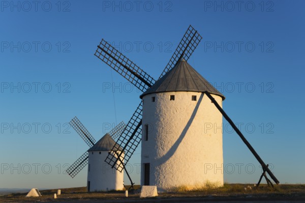 Two large white windmills in the morning sun with long shadows, Campo de Criptana, Ciudad Real province, Castilla-La Mancha, Don Quixote Route, Spain, Europe