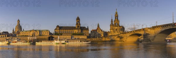 View over the Elbe with Church of Our Lady, Bruehl's Terrace, ships of the Saxon Steamship Company, Court Church and Augustus Bridge, Dresden, Saxony, Germany, Europe
