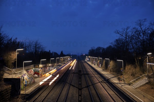 S-Bahn, public transport, train, passes through stop, station, platform, summer train, movement effect, blue hour, evening mood, Stuttgart, Baden-Württemberg, Germany, Europe