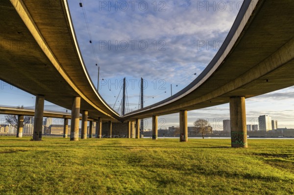 Bridge ramps of the Rheinknie Bridge over the Rhine near Düsseldorf, view from Oberkassel, North Rhine-Westphalia, Germany, Europe