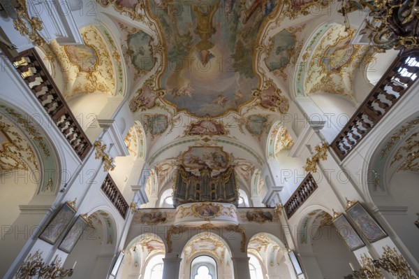 Organ loft of the Maria Brünnlein pilgrimage basilica in rococo style built between 1748 and 1782, Wemding, Swabia Bavaria, Germany, Europe
