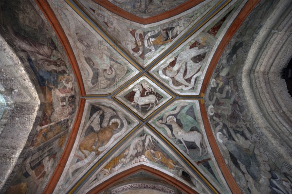 Ceiling fresco from around 1445 in the vestibule of St Martin's Church, Gothic basilica, completed around 1500, Memmingen, Swabia, Bavaria, Germany, Europe