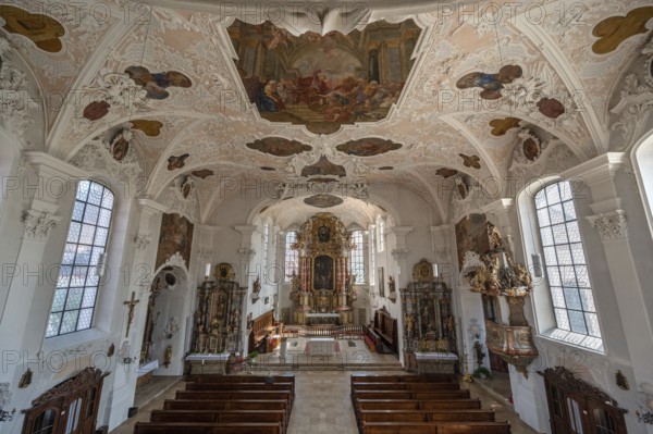 Interior with high altar of the parish church of St. John the Baptist, built in 1475 as a Gothic church, baroqueised from 1732 to 1755, Hiltpoltstein, Middle Franconia, Bavaria, Germany, Europe