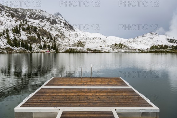 Bettmersee, mountain lake, alpine, bathing, swimming, footbridge, wooden footbridge, tranquillity, wellness, cold, winter, snow, tourism, Bettmeralp, Valais, Switzerland, Europe