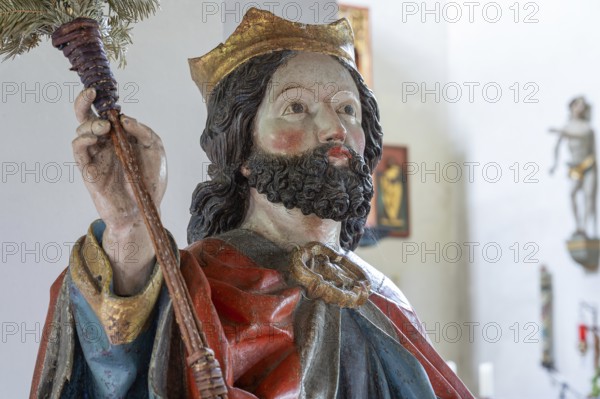 Head of Christ, detail of the Palmesel, wooden figure from around 1470, Church of St Jodokus, Bad Oberdorf, Oberallgäu, Bavaria, Germany, Europe