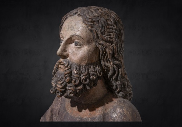Head of Jesus, around 1470, on a dark background, only the body of Jesus remains of the palm donkey, Strigel Museum, Martin-Luther-Platz 1, Memmingen, Swabia, Bavaria