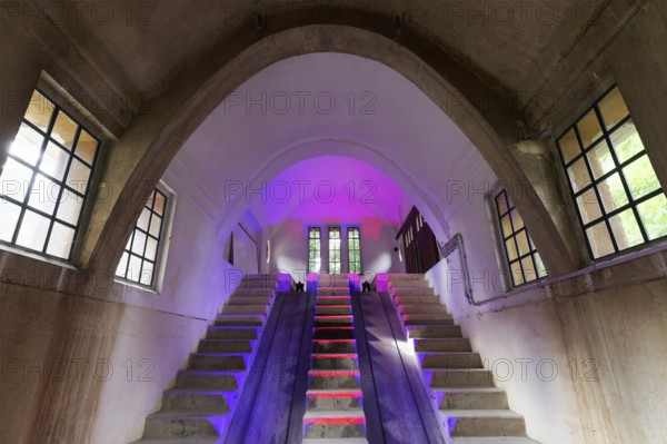 Old sewage treatment plant, former flood pumping and sewage treatment plant from 1910, tugger train in the sewage hall, industrial monument, Krefeld-Uerdingen, North Rhine-Westphalia