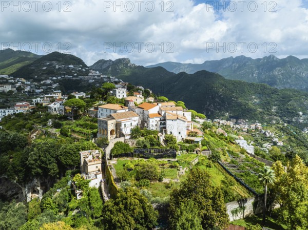 View of Ravello from a drone, Amalfi Coast, Tyrrhenian Sea, Salerno, Campania, Italy, Europe