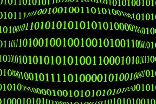 Green binary code on a black background, spherically distorted