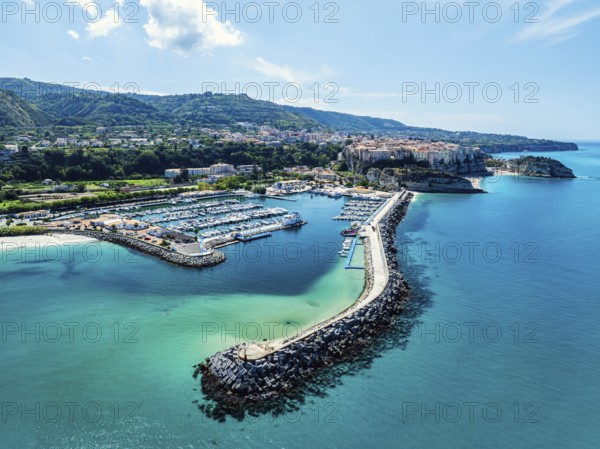 Port and Marina in Tropea from a drone, Tyrrhenian Sea, Calabria, Italy, Europe