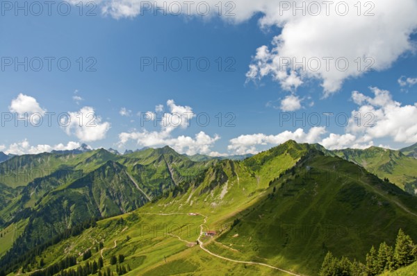 Panorama from Walmendinger Horn to Luechtle Alp and Muttelbergkopf, 1989m, Allgäu Alps, Kleinwalsertal, Vorarlberg, Austria, Europe