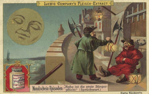 Picture series Moonlight Episodes, Silence is the first civic duty, Liebig picture, digitally restored reproduction of a collector's picture from around 1900, public domain, exact date unknown, Two guards in conversation on a city wall at night under the moon