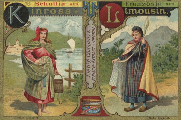 Picture series Noble woman from all over the world, Scottish woman from Kinross, Scotland and woman from Limousin, France, Liebig picture, digitally restored reproduction of a collector's picture from ca 1900, public domain, exact date unknown, woman in traditional dress from Scotland and France, rural surroundings, Europe