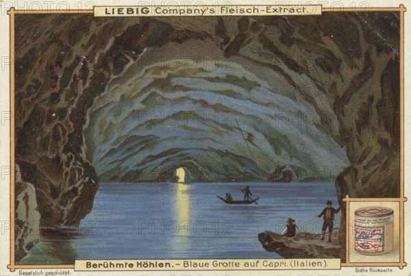 Picture series Famous Caves, Blue Grotto on Capri, Italy, Liebig picture, digitally restored reproduction of a collector's picture from about 1900, public domain, exact date unknown, boats sailing in a blue illuminated cave on the sea, Europe