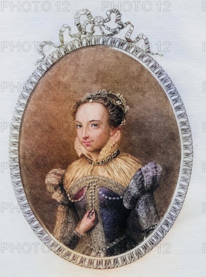Catherine de Medici. Born Caterina Maria Romola of Medici. Queen of France 1519-189, woman of Henry II. Etching by Mercier, Historical, digitally restored reproduction from a 19th century original, Record date not stated