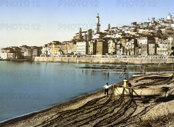 Old town of Menton on the Riviera, France, around 1895, Historic, digitally restored reproduction from a 19th century original, Record date not stated, Europe