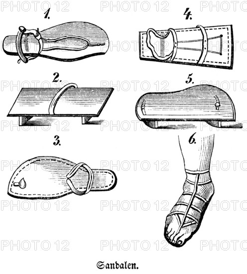 Various sandals made of wood, cork or leather, noblemen wear sandals with heels (2 and 5), later leather covered the whole foot (4), development of the slipper, Genesis 1, Bible, historical illustration, Biblisches Handwörterbuch 1862