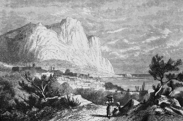 Mediterranean island of Capri in the Gulf of Naples, landscape with limestone cliffs, town, sandy path, woman in traditional traditional costume, nature, geography, Italy, historical illustration 1888, Europe