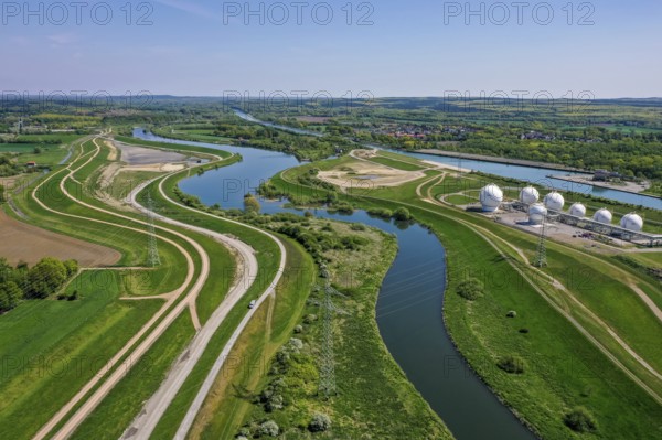 Haltern-Marl, North Rhine-Westphalia, Germany, Lippe, Flood protection in the Haltern-Lippramsdorf-Marl area (HaLiMa) . Flood protection on the River Lippe by relocating the dyke and thus extending the floodplain. Marl Chemical Park on the right, Europe
