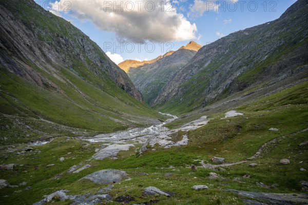 Sunset in Umbaltal, River Isel, Hohe Tauern National Park, East Tyrol, Tyrol, Austria, Europe