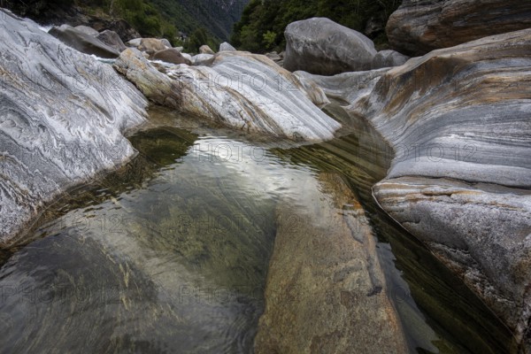 Rocks, rock structures, Verzasca River, near Lavertezzo, Verzasca Valley, Valle Verzasca, Canton Ticino, Switzerland, Europe