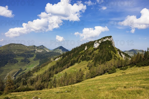 At the summit of the Hochbühel with a view of the Hochwieskopf, Osterhorn group, Salzkammergut, Salzburg province, Austria, Europe