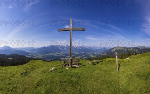 Summit cross on the Taborberg with a view of the Lammertal and Tennengebirge mountains, Osterhorn group, Salzkammergut, Salzburg province, Austria, Europe