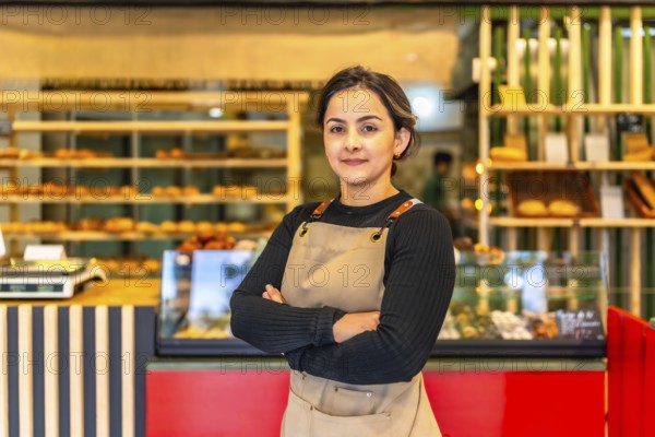 Portrait of a proud female latin owner of an artisan bakery standing with arms crossed in the shop
