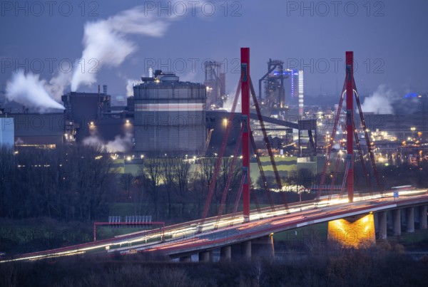 Thyssenkrupp Steel steelworks, blast furnaces 8 and 9, gasometer, motorway bridge of the A42 over the Rhine near Duisburg Beeckerwerth, Duisburg, North Rhine-Westphalia, Germany, Europe
