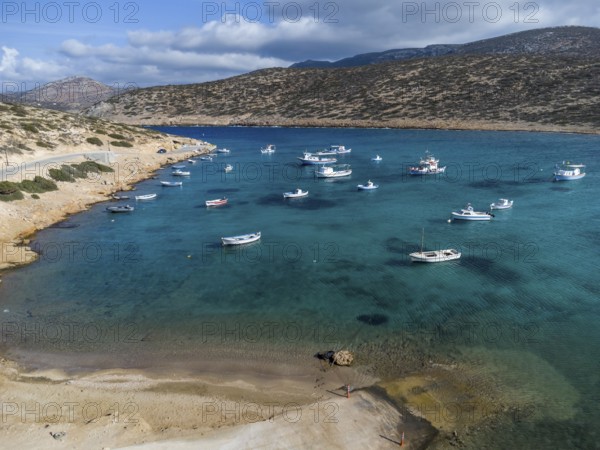 Fishing boat in the bay of Kalotaritissa, Amorgos, Cyclades, Greece, Europe