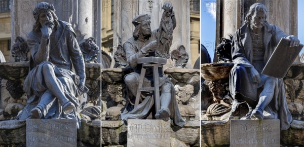 Fountain figures, Walther von der Vogelweide, Tilmann Riemenschneider and Mathias Grünewald on the Frankoniabrunnen, neo-baroque, created in 1894, Residenzplatz, Würzburg, Lower Franconia, Bavaria, Germany, Europe