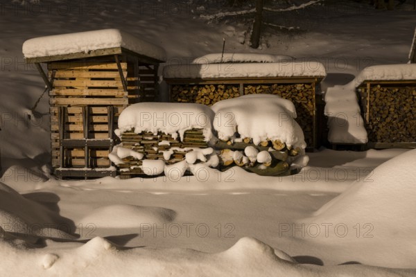 Several snow-covered piles of wood at night, wood in front of the hut, Oberlochmühle, Deutschneudorf, Saxony, Germany, Europe