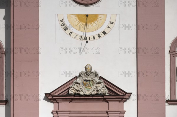 Sundial on the late baroque St Kilian's church, Untertheres, Lower Franconia, Bavaria, Germany, Europe