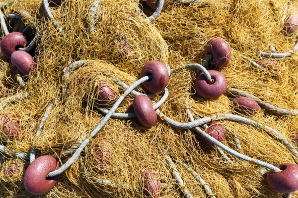 Fishing net, detail, harbour, Elafonisos, Deer Island, Laconia, Peloponnese, Ionian Islands, Ionian Sea, Greece, Europe
