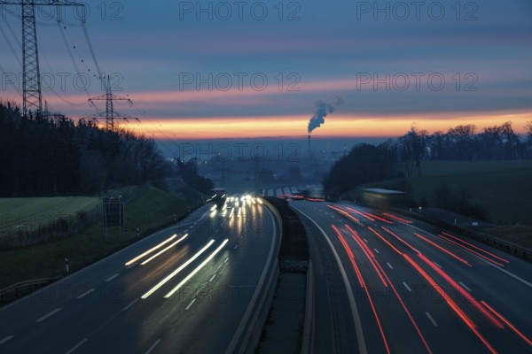 View from a bridge onto the A8 motorway near Augsburg at sunset, Augsburg, Bavaria, Germany, Europe