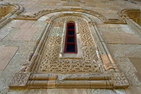 Main church in the Betania Monastery of the Nativity of the Holy Mother of God, window with ornamented frame, Kvesseti, Georgia, Asia