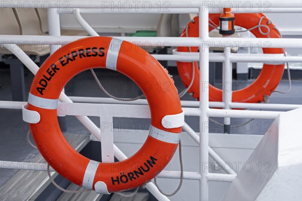 Lifebuoys, excursion boat Adler Express, Wadden Sea, North Frisia, Schleswig-Holstein, Germany, Europe